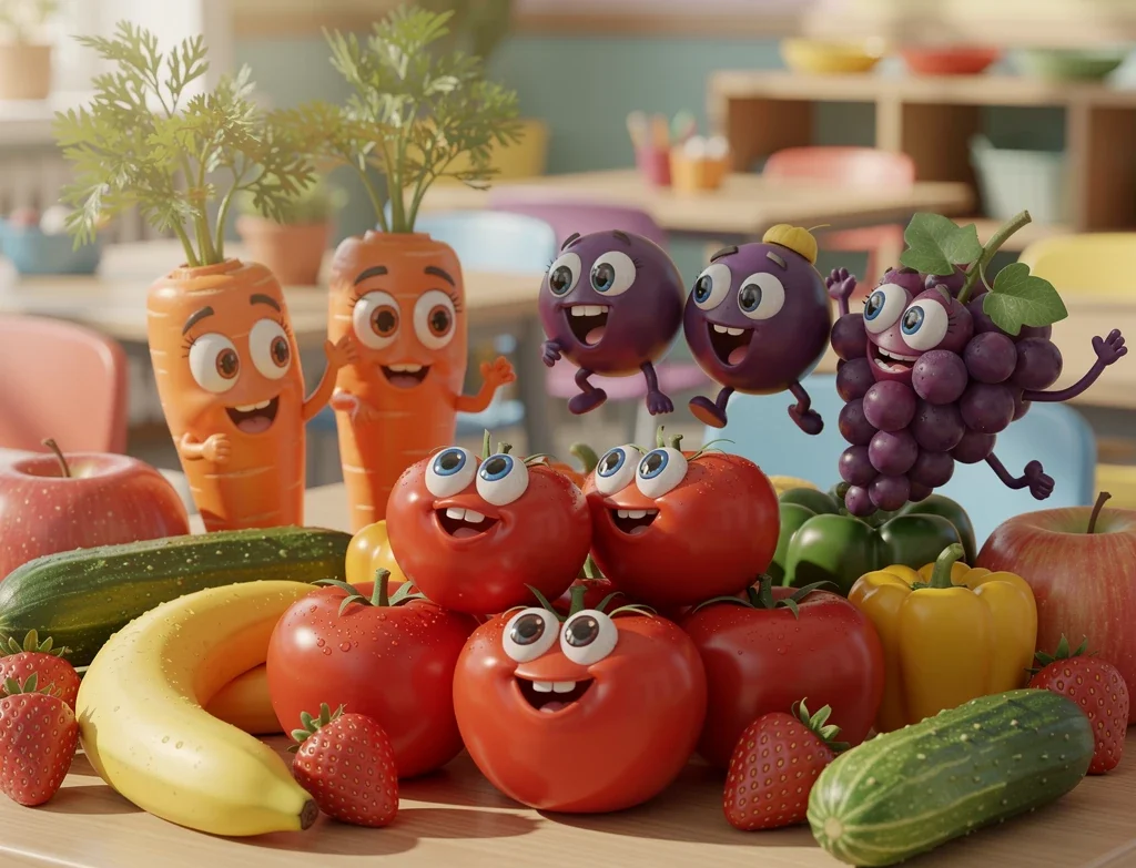 0 can you create a playful image for school and kindergarten catering with vegetab